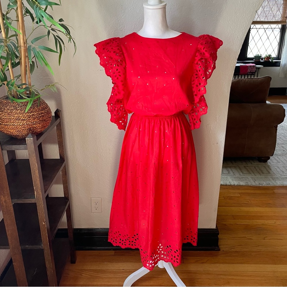 Vintage 1980s red embroidered sundress ruffle sleeve